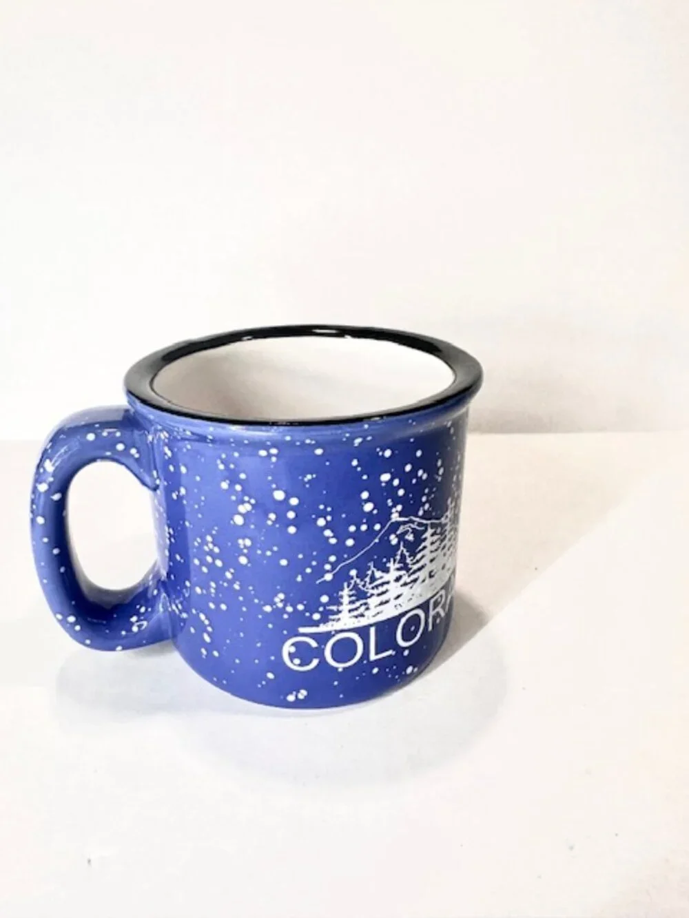 Ceramic Colorado Souvenir Coffee Mug Speckled Pine Trees Mountain Blue & White
